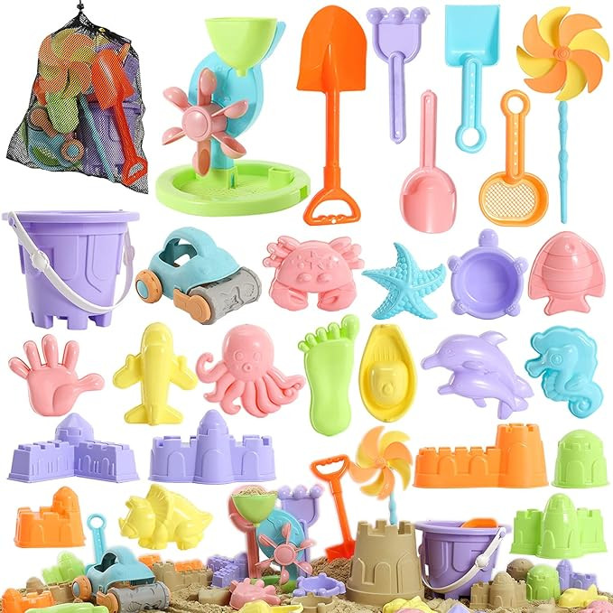 Beach Sand Toys for Kids - 31 pcs Sandbox Toy Set for Kids 3-10, Sand Castle Toys with Water Whee... | Amazon (US)