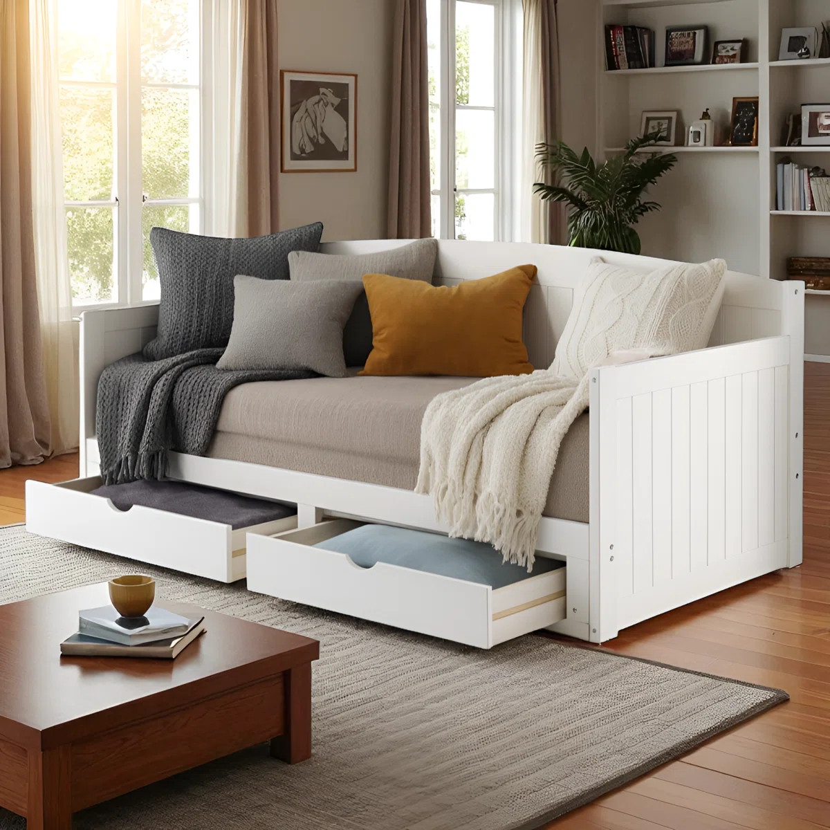 Harmony Daybed with Pop-Up Trundle and Storage Drawers, White | Wayfair North America