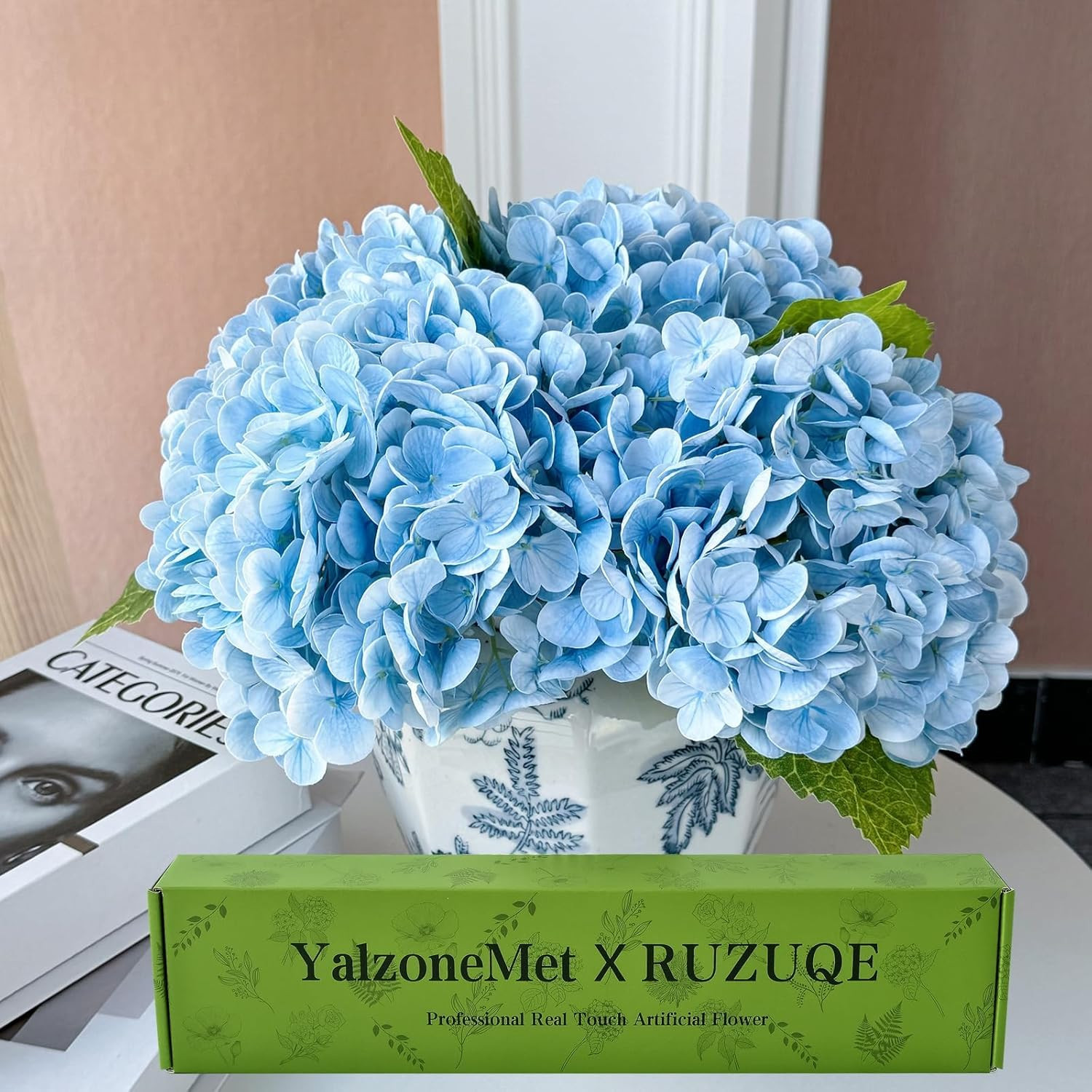 YalzoneMet Hydrangea Artificial Flower Natural Lifelike Real 21 inch Latex Long Stem 2 Light Gree... | Amazon (US)