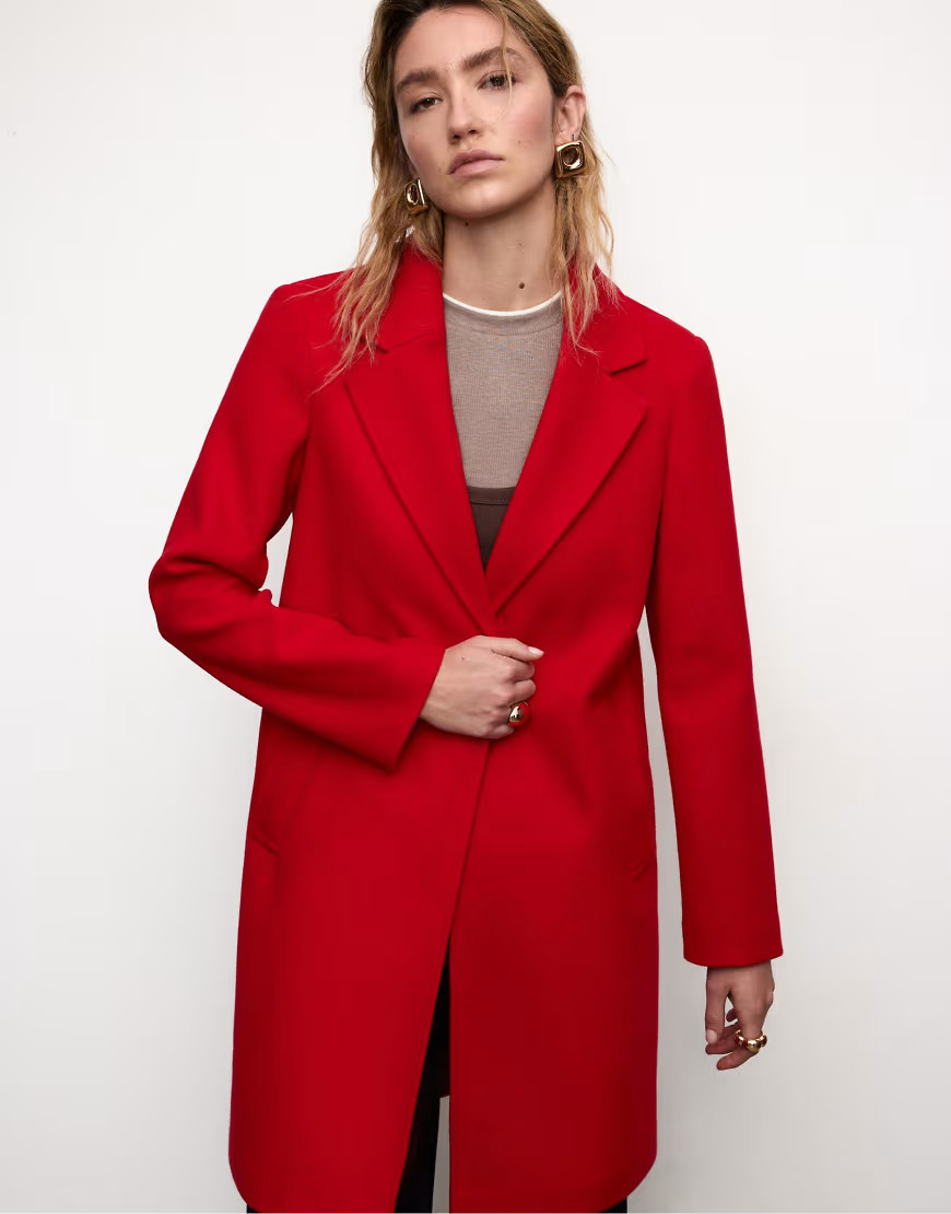 Stradivarius Soft-touch button-up midi coat in red | ASOS (Global)