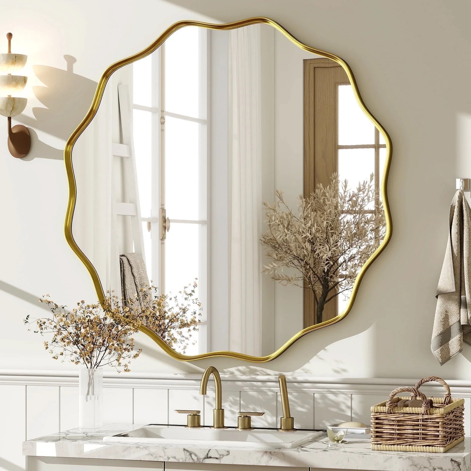 BEAUTYPEAK 24" Wavy Round Bathroom Mirror Wall Decor with Deep Frame, Gold | Walmart (US)
