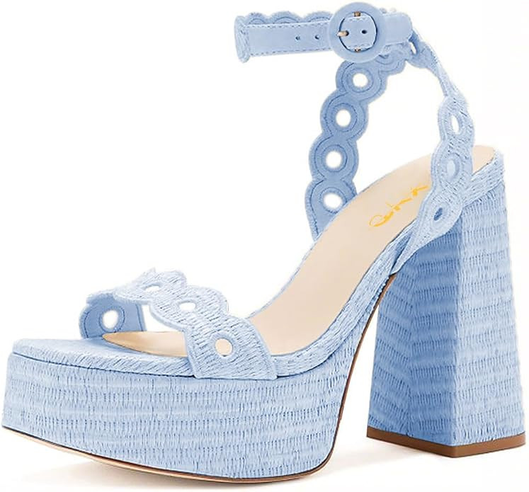 XYD Women Platform Eyelets Open Round Toe High Heel Block Sandals Ankle Strap Evening Party Pumps... | Amazon (US)