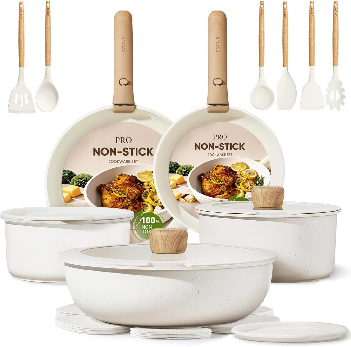CAROTE Pots and Pans Set Non Stick, Detachable Handle Cookware, 21pcs,White | Amazon (US)