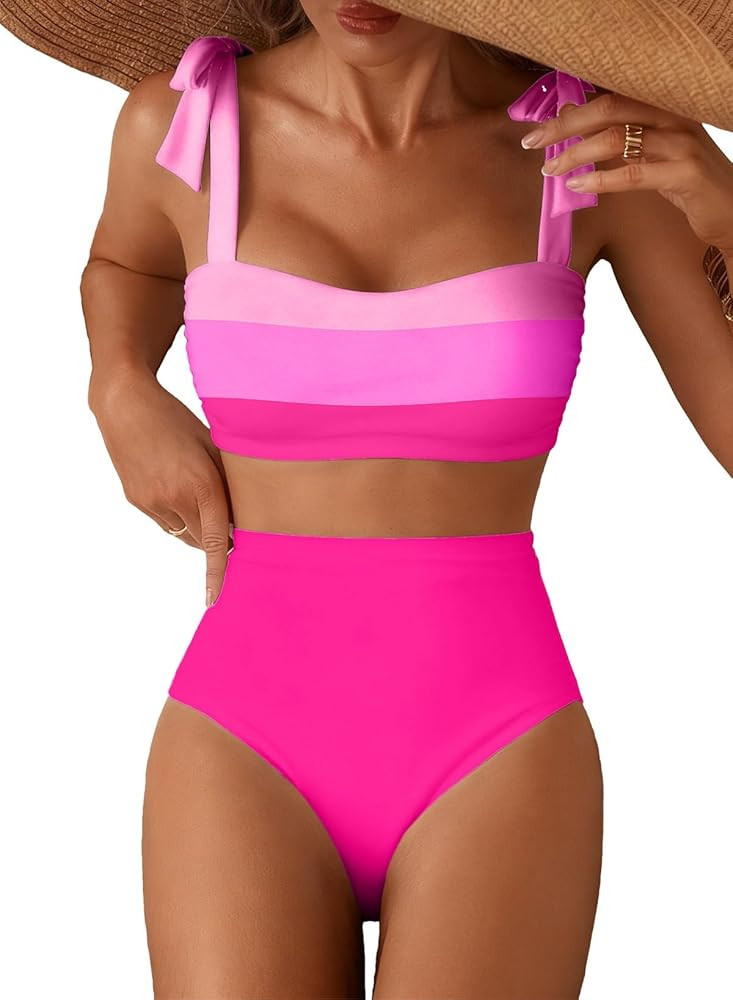Women's Tie Shoulder Bikini Sets 2 Piece Striped Swimsuits High Waisted Bathing Suits | Amazon (US)