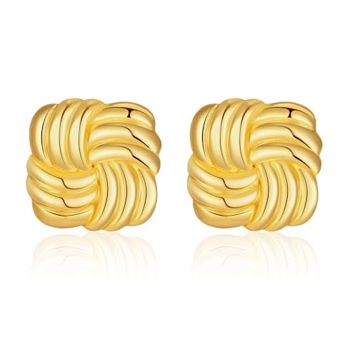 dnswez Gold Statement Earrings for Women Trendy Chunky Gold Earrings Geometric Earrings Wings Feather Textured Earrings Square Shell Textured Stud Earrings Fashion Jewelry (Square) | Amazon (US)