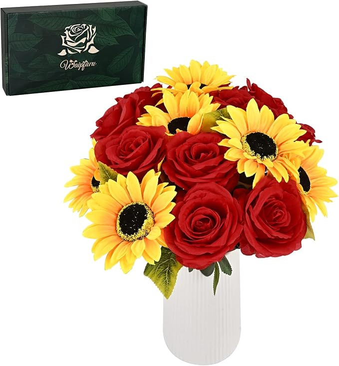 16 Pcs Fake Roses Sunflowers Artificial Flowers Bulk, Silk Red Roses Yellow Flowers Artificial wi... | Amazon (US)