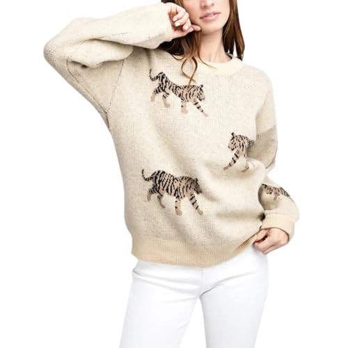 Women Oversized Knit Sweater Tiger Print Long Sleeve Pullover Tops Aesthetic Clothes Streetwear K... | Amazon (US)