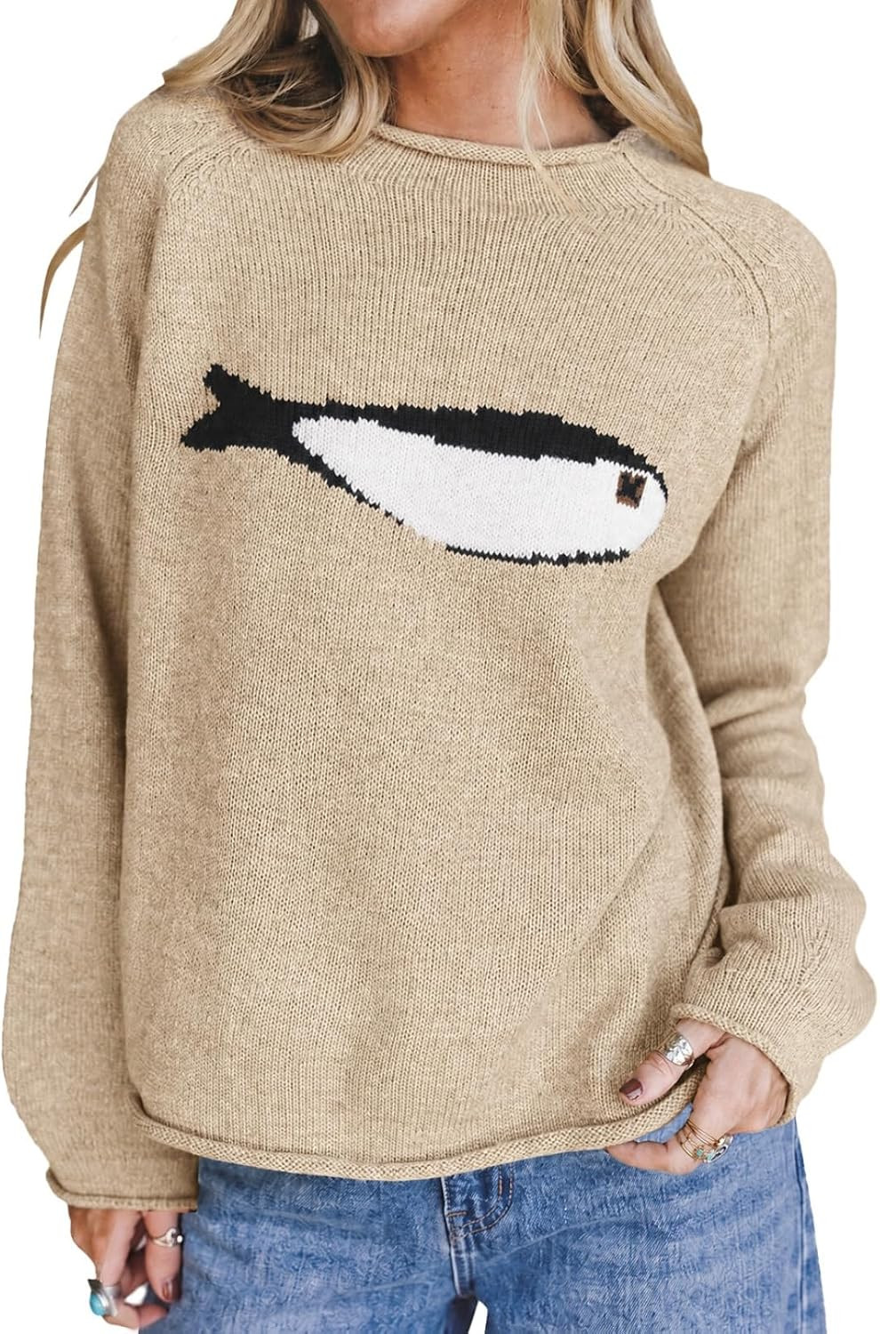 Tankaneo Womens Fish Graphic Oversized Sweaters Lightweight Knit Pullover | Amazon (US)