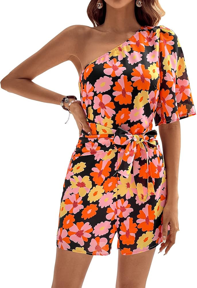 BTFBM Women's 2023 Summer One Shoulder Romper Short Sleeve Boho Floral Print Tie Waist Party Beac... | Amazon (US)