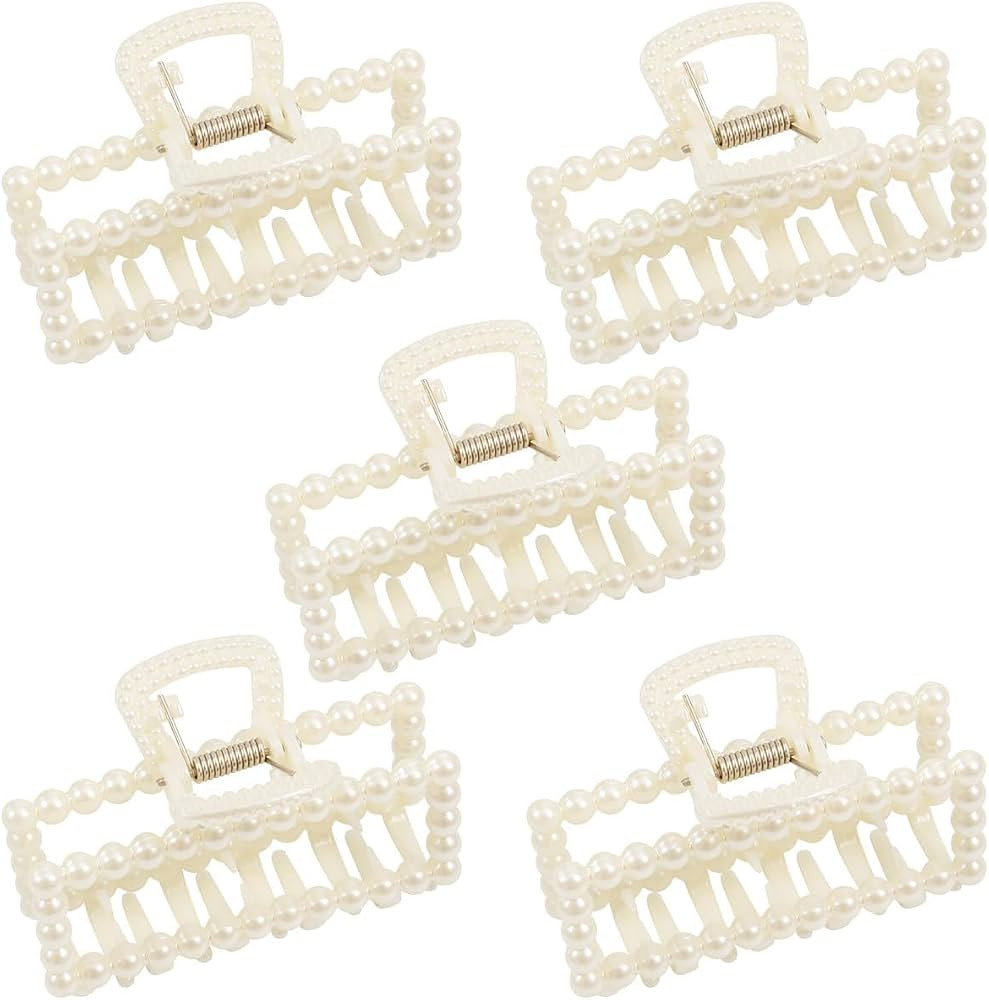 5 PCS Simulated Pearl Hair Claw Clips for Women | Multi-Use Barrettes for Thin Hair with Non-Slip... | Amazon (US)