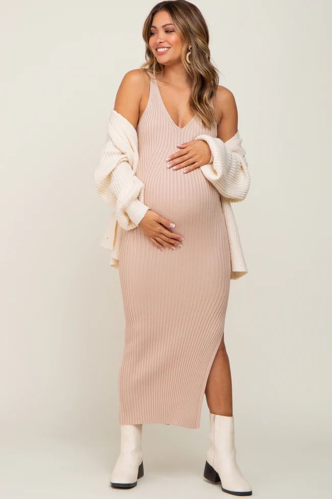 Beige Ribbed Sleeveless Maternity Maxi Dress | PinkBlush Maternity