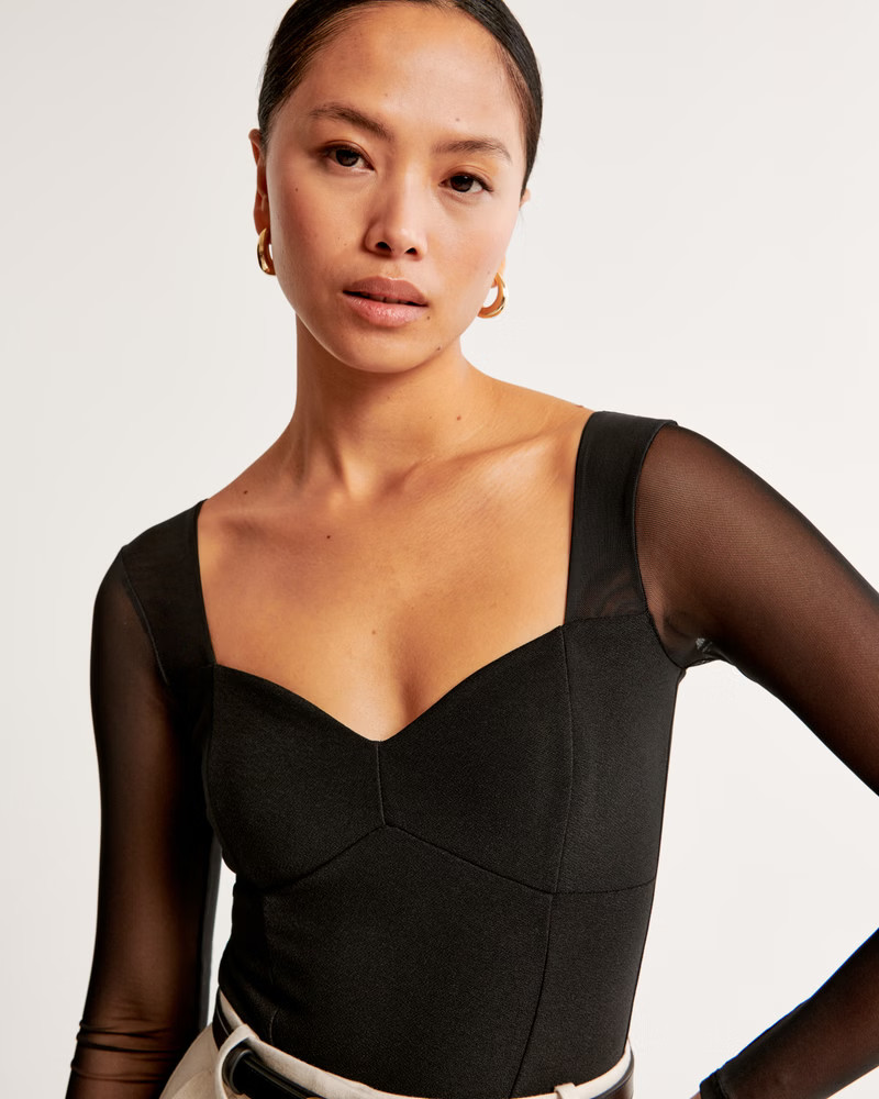 Women's Long-Sleeve Mesh Crepe Sweetheart Bodysuit | Women's | Abercrombie.com | Abercrombie & Fitch (US)