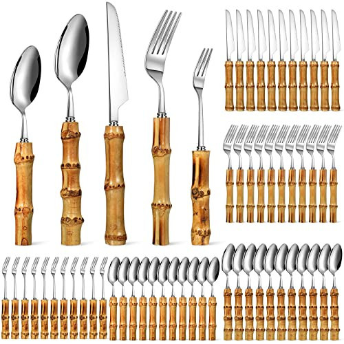 Eboot Bamboo Silverware Set 18/8 Stainless Steel Tableware Set Natural Utensil Flatware Kit Spoon Fork Knives Bamboo Handle Cutlery for Kitchen Wedding Home Restaurant Party(Silver,60 Pieces) | Amazon (US)