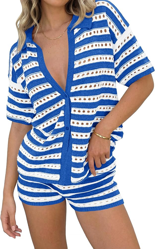 Saodimallsu Womens Crochet Swimsuit Coverup Summer 2 Piece Outfits Striped Knit Short Sleeve Butt... | Amazon (US)