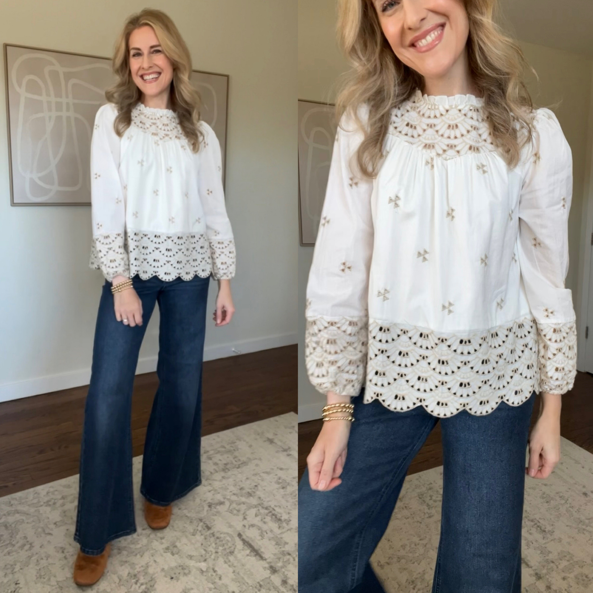 Restocked! Best selling cotton eyelet top. Boutique feel for less. Fits true to size; I’m a small. Not see through, this top is lined. Not warm. #walmartfashion 

#LTKOver40 #LTKFindsUnder100 #LTKFindsUnder50