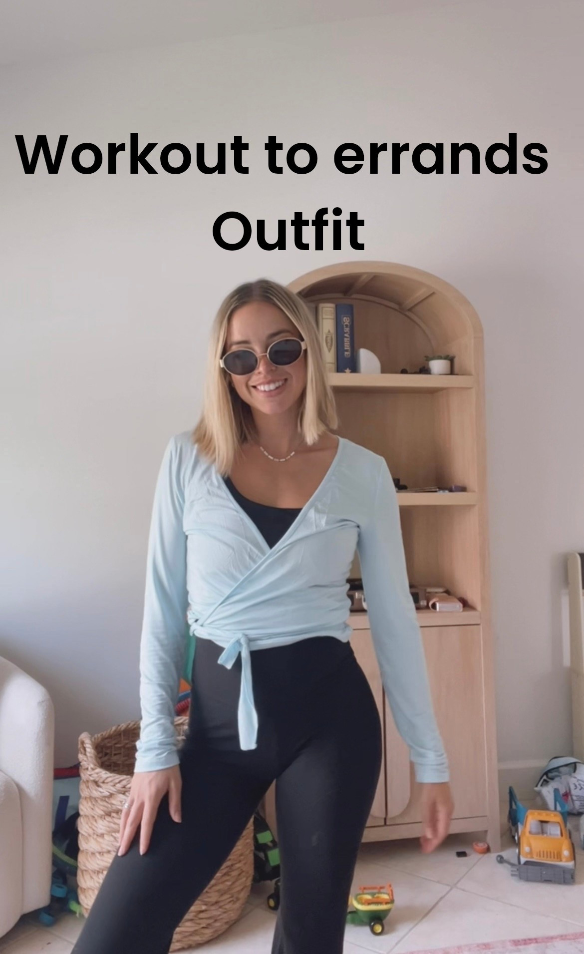 Perfect outfit for going from gym workout to running errands! This is my favorite Amazon workout brand, sucks you in at the waist and are so soft and stretchy and buttery that they feel so comfortable to wear! I love this light blue wrap top available in other colors. And of course these staple trendy oval sunglasses. 

#LTKfitnessgoals #LTKmorningroutine #LTKActive