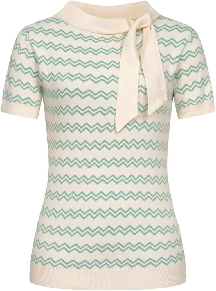 OXKNIT Women's Knit Short Sleeve T-Shirt 1960s Vintage Green Stripes Crewneck Cotton Beige Tops w... | Amazon (US)