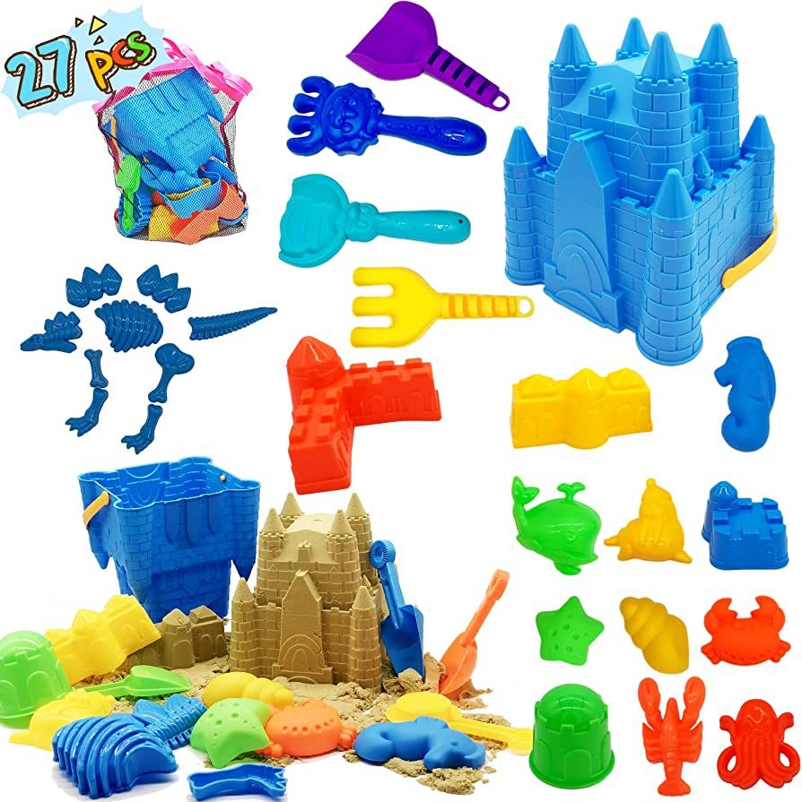 Kids Beach Sand Toys Set, 27pcs Beach Toys Castle Molds Sand Molds, Beach Bucket, Beach Shovel To... | Amazon (US)
