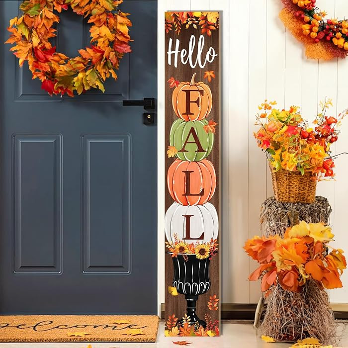 Fall Porch Sign, Hello Pumkpkin Sign for Front Porch, 3 Pumpkins Wooden Sign Yard, Vertical Wood ... | Amazon (US)
