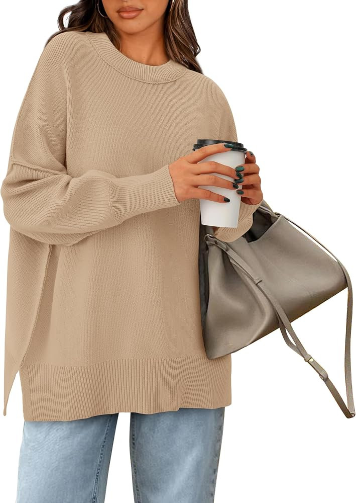 PRETTYGARDEN Women's Oversized Sweater 2025 Casual Fall Outfits Crewneck Long Sleeve Side Slit Ch... | Amazon (US)