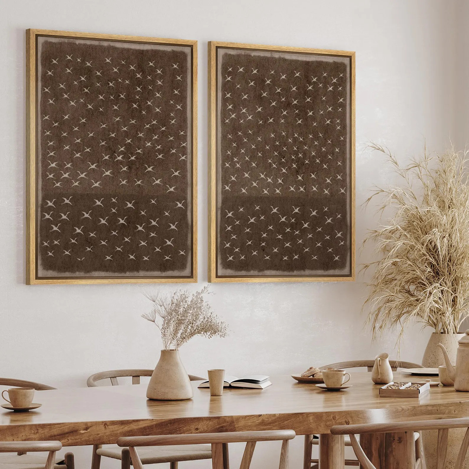 Flying Birds Silhouette Wall Art Set of 2, Framed Neutral Brown & White Abstract Canvas Prints, M... | Etsy (US)