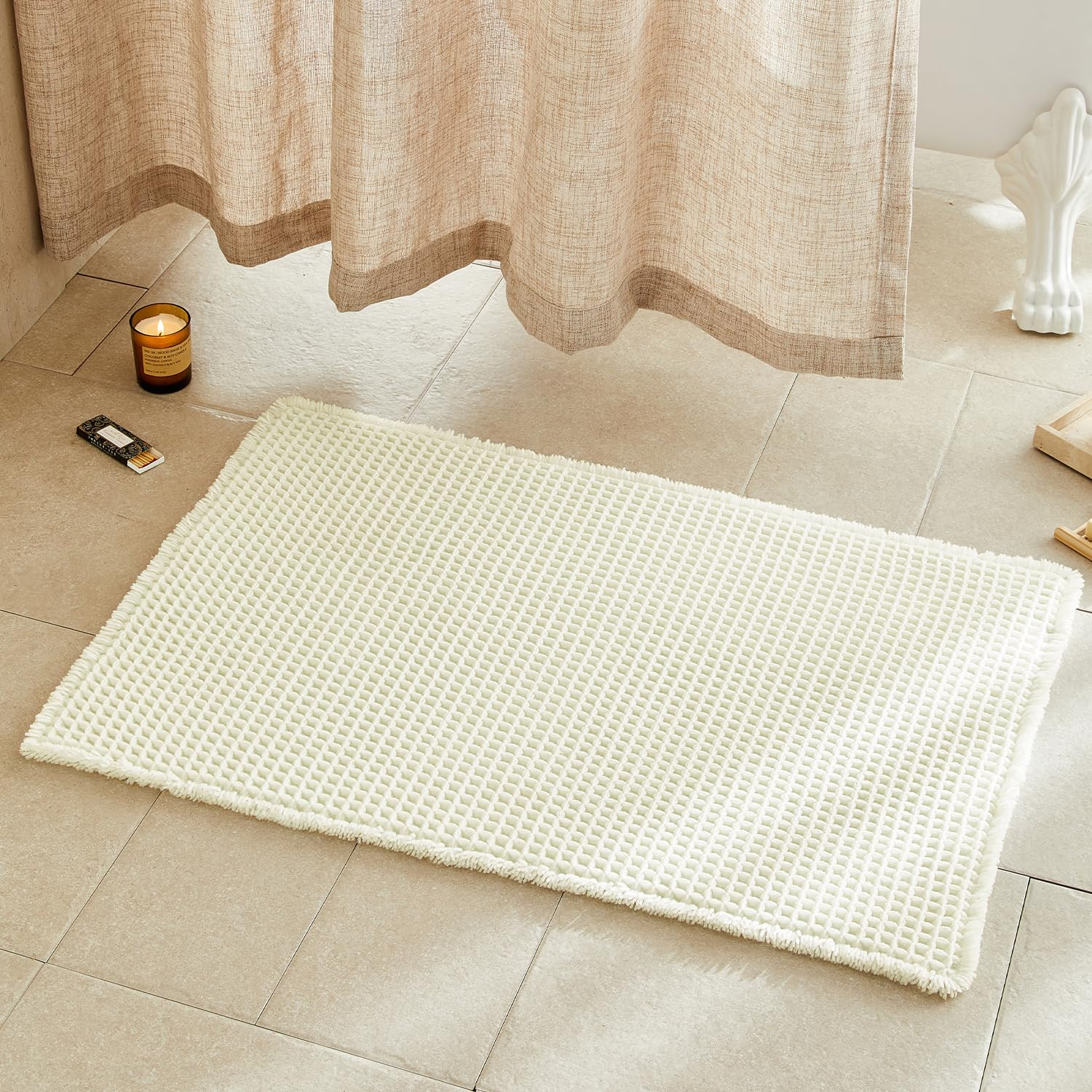 Cream White Bathroom Rugs, Waffle Bath Mat Non Slip Washable Super Absorbent Quick Dry Boho Farmh... | Amazon (US)