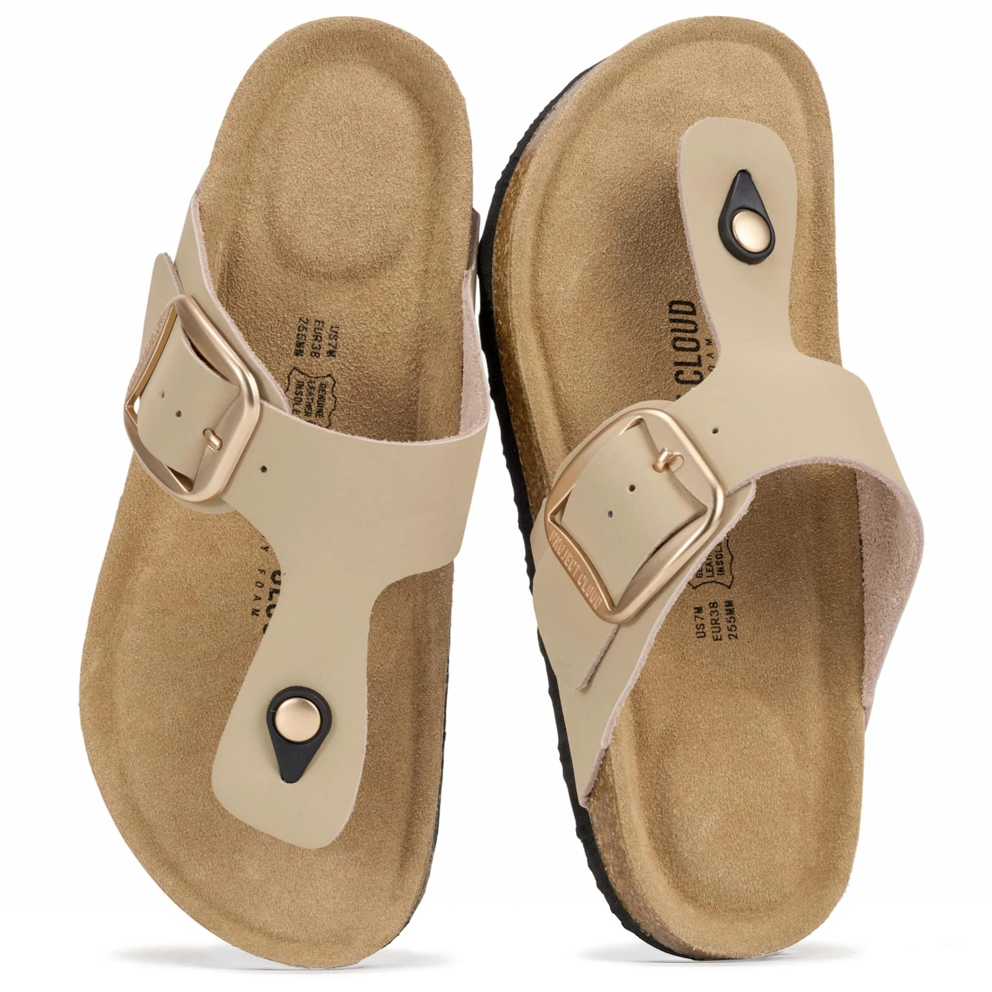 Project Cloud Women's | 100% Genuine Leather Thong Sandals | Memory Foam Insole | Lightweight | Non-Slip - Malaga Beige - Bigger Buckle / 11 | Project Cloud