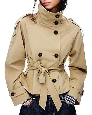 Women's Cropped Trench Coat Double Breasted Short Jacket High Collar Fall Winter Coats Trendy Out... | Amazon (US)