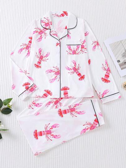 2pcs Lobster Print Women Pajama Set For Autumn/Winter, Comfortable Long Sleeve Shirt With Collar & Buttons, Chest Pocket And Relaxed Elastic Waist Pants, Suitable For Outings, Holidays, Parties, Casual Indoor & Outdoor Wear | SHEIN