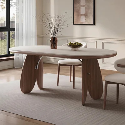55.1" Modern Oval Dining Table, Faux Travertine Stone Top With Sculptural Wood Base, Mid-Century Dining & Desk Table | Wayfair North America