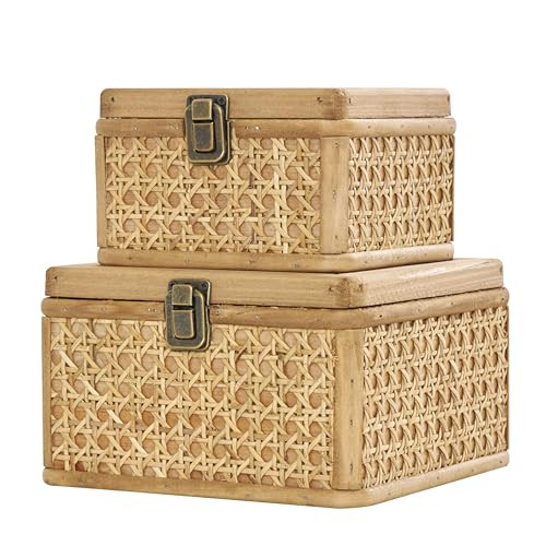 Deco 79 Rattan Handmade Decorative Box Woven Decorative Keepsake Boxes with Bronze Latches, Set of 2 Storage Boxes 7", 6"W, Brown | Amazon (US)