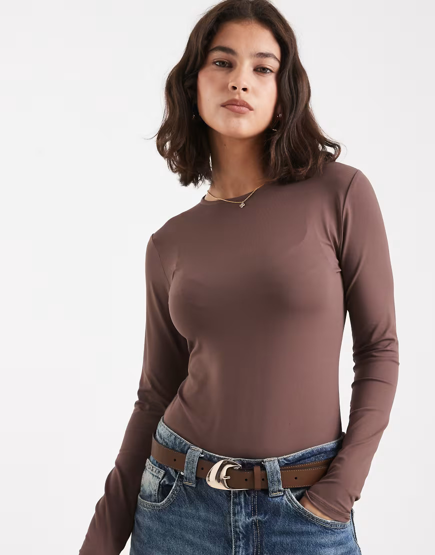 ASOS DESIGN polyamide slinky long sleeve bodysuit in brown-Gray | ASOS (Global)
