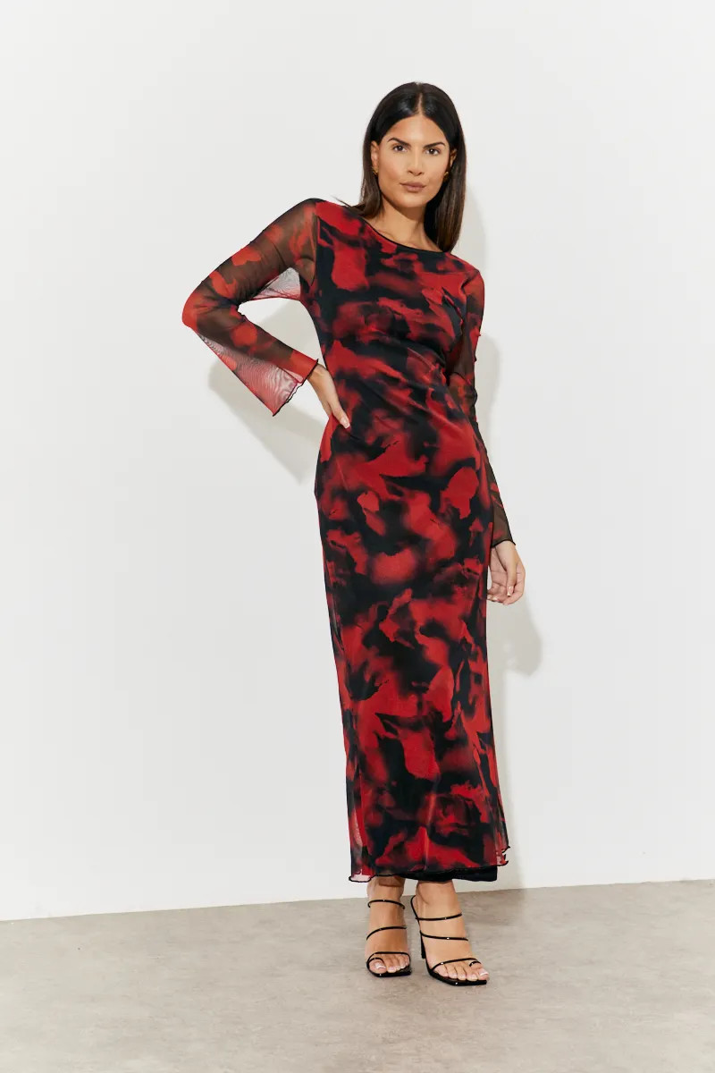 Abstract Print Mesh Open Back Detail Maxi Dress | In The Style