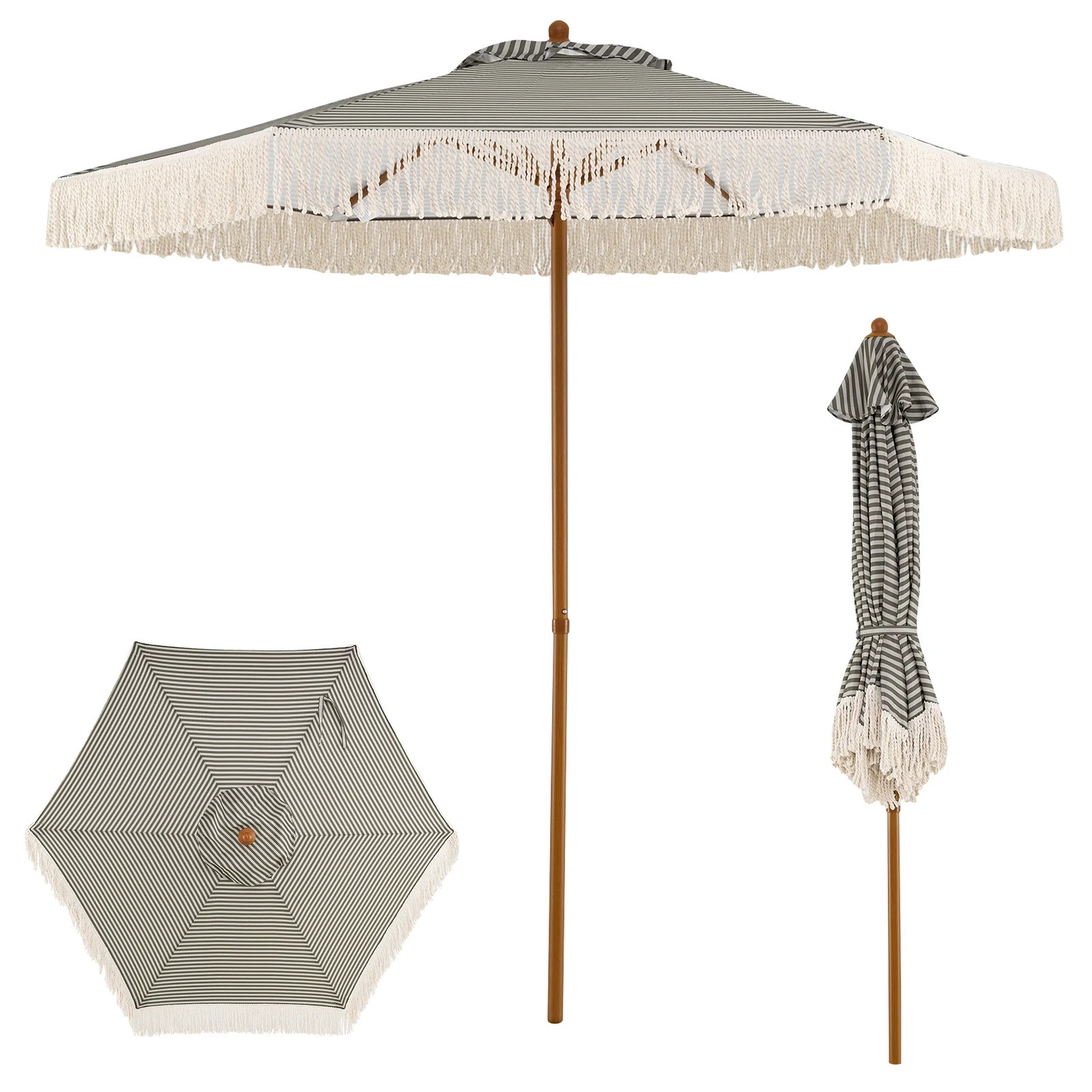 Costway Patio Umbrella with Fringe, Sun-Protective Polyester Canopy, Beach Umbrella Green + White + Natural - Walmart.com | Walmart (US)