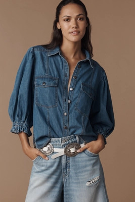 Pilcro Balloon-Sleeve Denim Buttondown Top | Anthropologie (US)