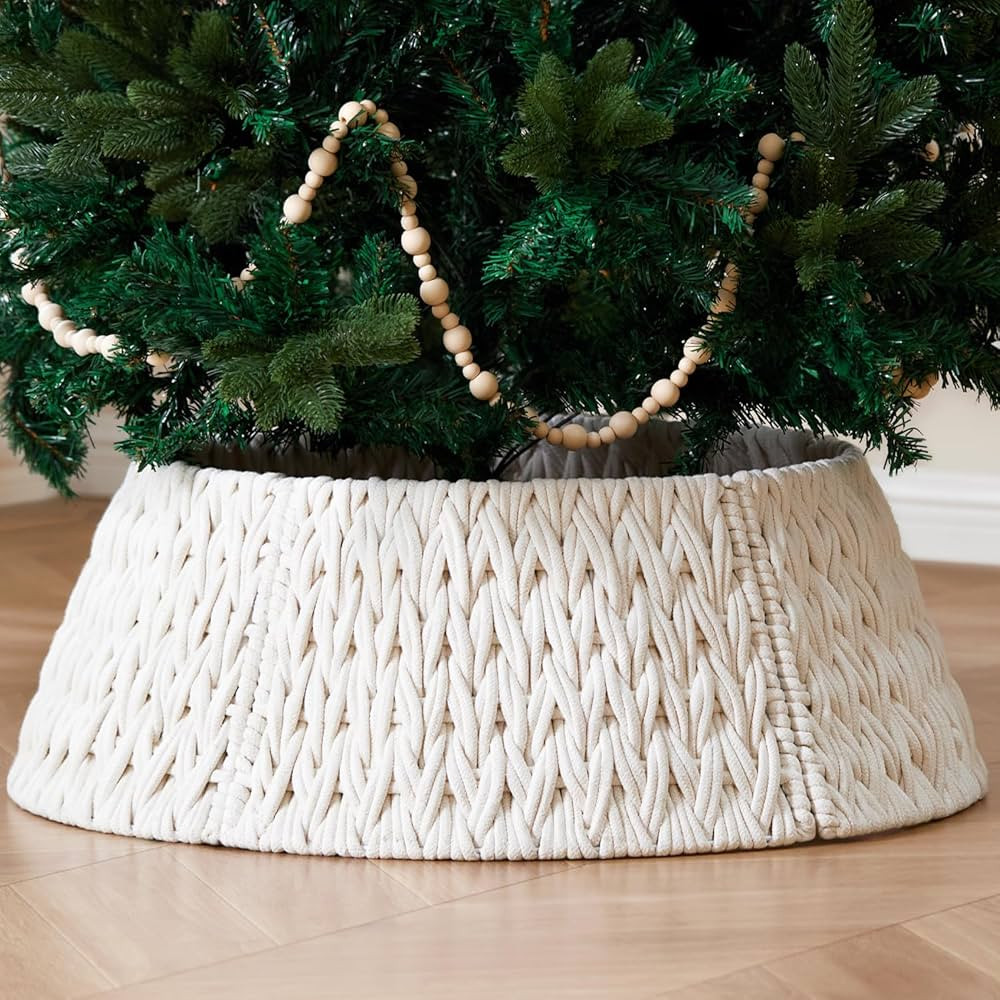28in Woven Christmas Tree Collar, Chunky Cotton Rope Weave Skirt Basket - Elegant Beige Tree Base... | Amazon (US)