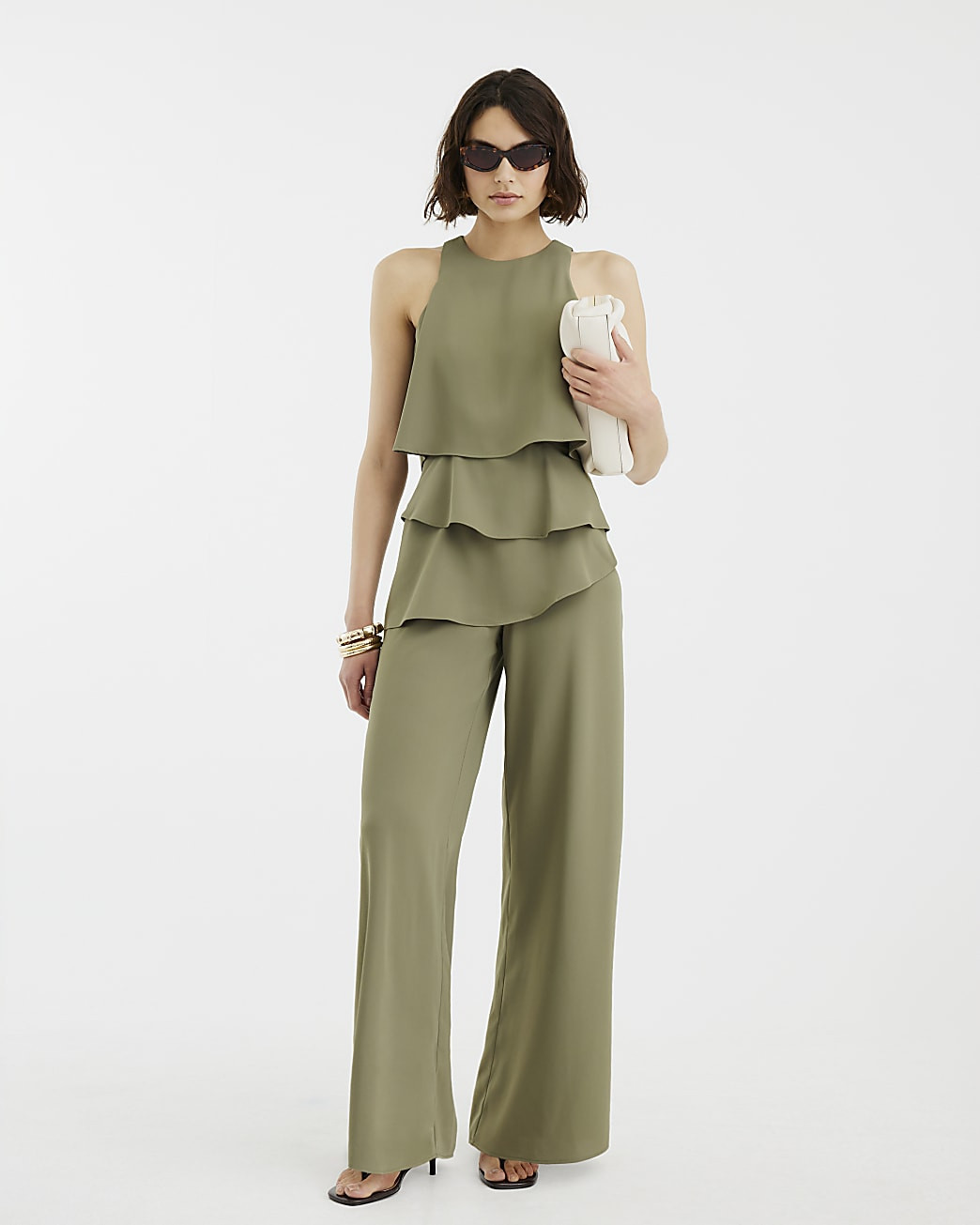 Khaki Layered Wide Leg Jumpsuit | River Island UK & IE