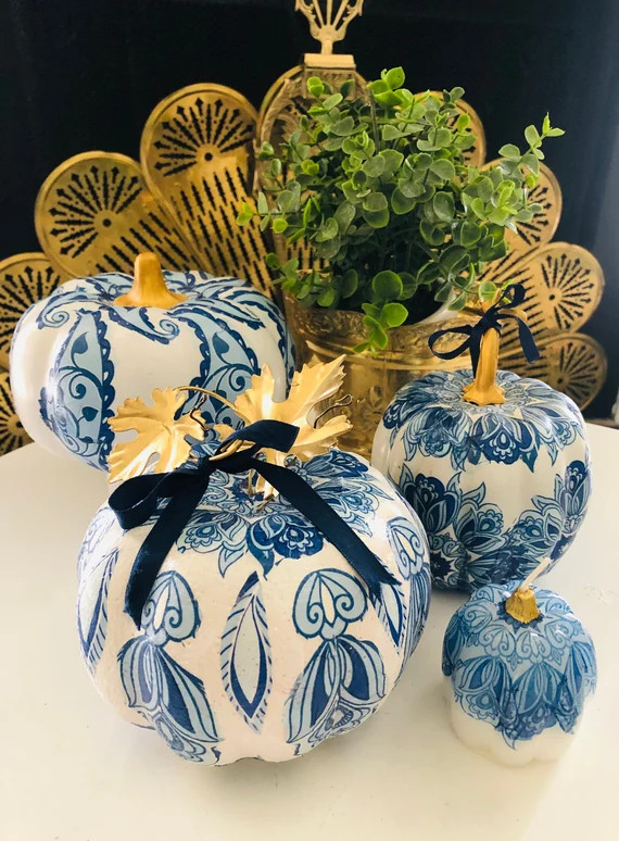 ART DECO PUMPKIN Blue White Thanksgiving Decor Chinoiserie | Etsy | Etsy (US)