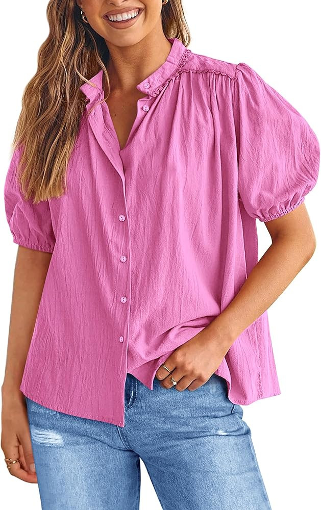 PRETTYGARDEN Women's Summer Button Down Shirts Short Lantern Sleeve V Neck Cotton Cute Dressy Cas... | Amazon (US)