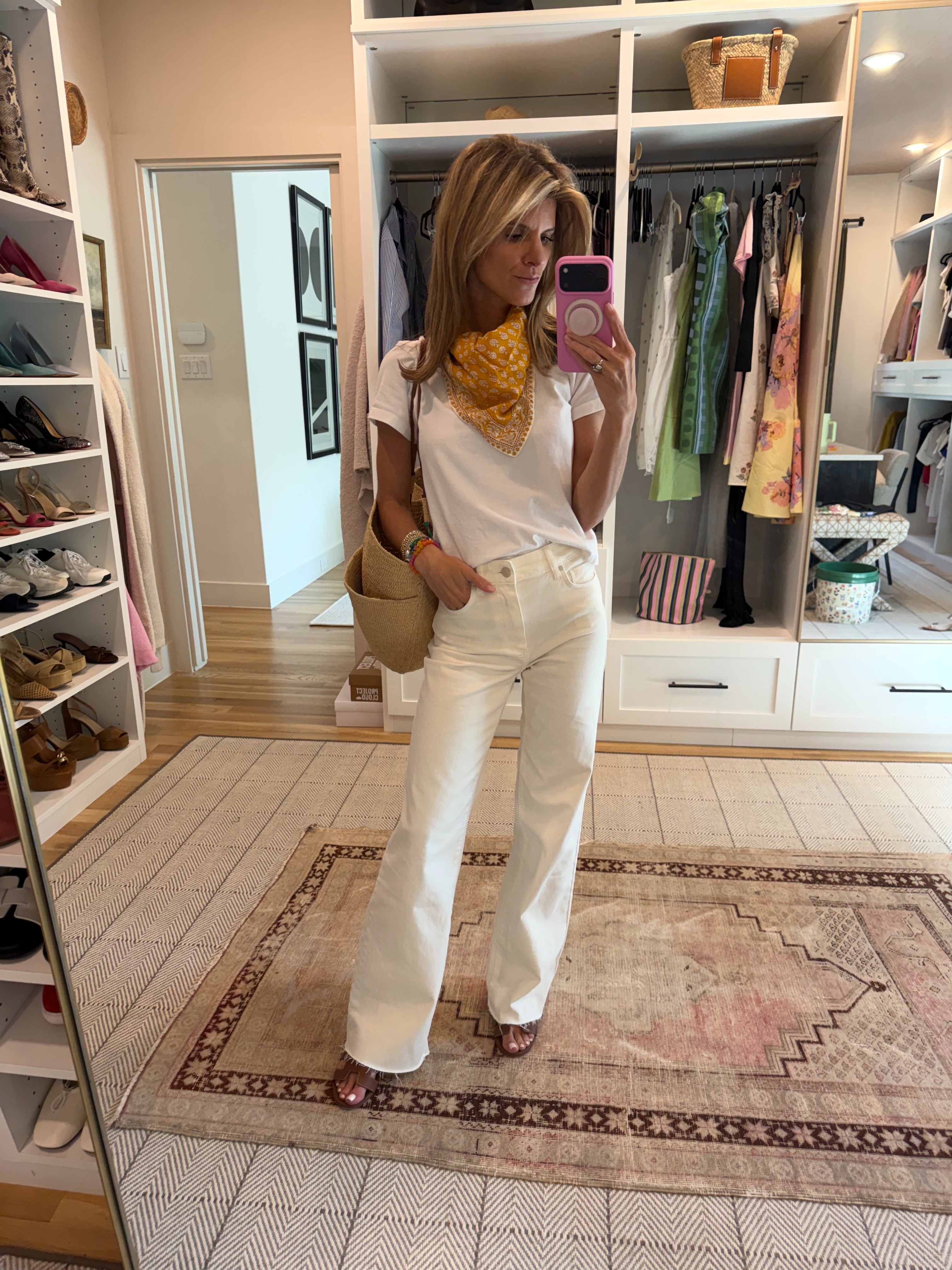 Viral Paige Anessa Jeans (wearing TTS but could have sized down) with one of my favorite white tees (XS) and old madewell bandana (linked similar) 

 