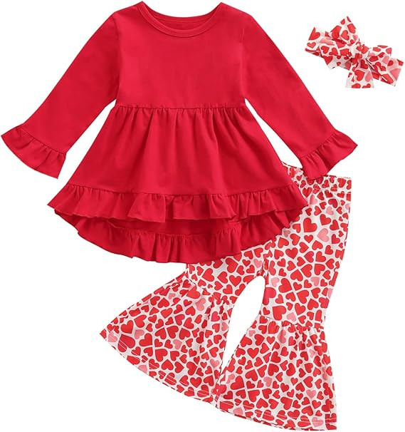 Eadrioss Kids Toddler Baby Girl Valentine 's Day Outfits Red Long Sleeve Ruffle Shirt Heart Print... | Amazon (US)