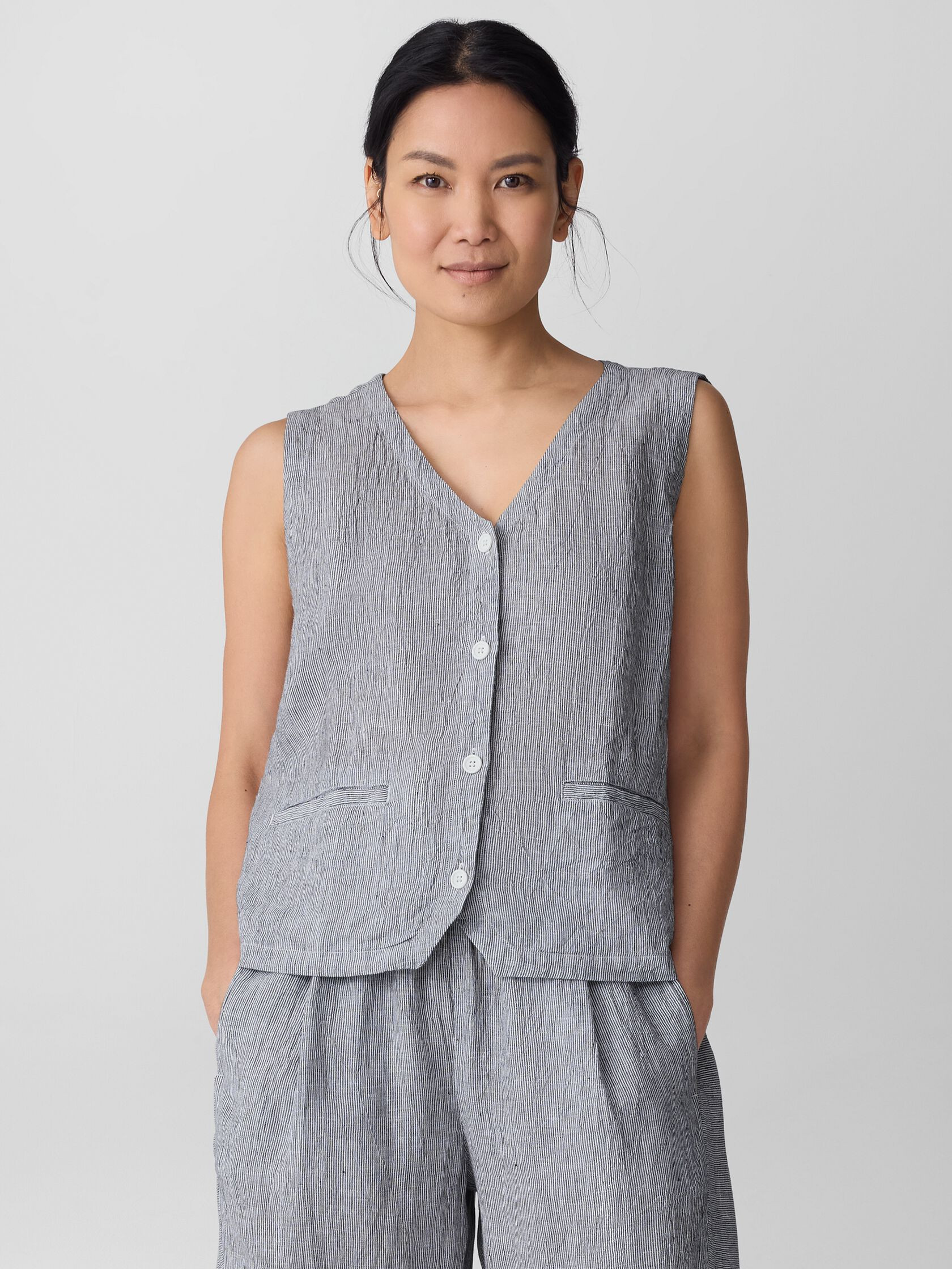 Puckered Organic Linen Stripe Vest | Eileen Fisher
