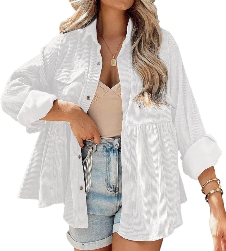 JINZHAO Womens Corduroy Peplum Shirts Tops Cute Long Sleeve Button Down Blouses with Pockets | Amazon (US)