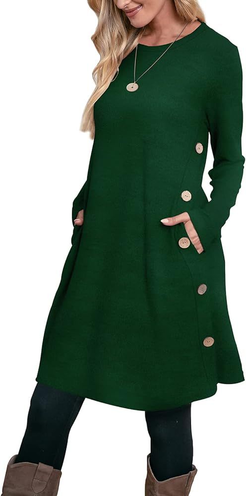 OFEEFAN Women's Winter Dresses Long Sleeve Dress with Pockets Buttons Side | Amazon (US)