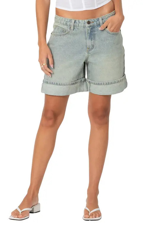 EDIKTED Cuff Washed Denim Bermuda Shorts in Light-Blue at Nordstrom, Size X-Small | Nordstrom