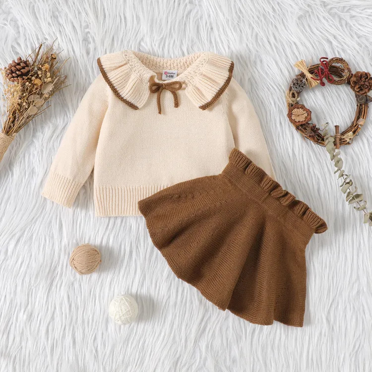 2pcs Baby Girl Solid Knitted Ruffle Trim Long-sleeve Top and Skirt Set | PatPat