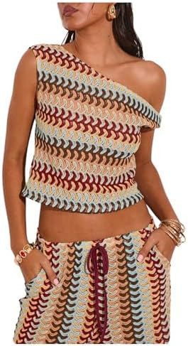 GORGLITTER Women's One Shoulder Color Block Tank Tops Summer Boho Crochet Asymmetrical Neck Peasa... | Amazon (US)