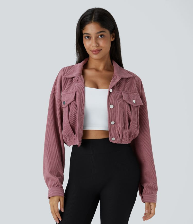 Women’s Collared Button Pocket Cropped Corduroy Casual Jacket - Halara | Halara UK