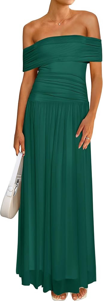 MASCOMODA Women Off The Shoulder Mesh Maxi Dress Bodycon Ruched Formal Sleeveless Pleated Cocktai... | Amazon (US)