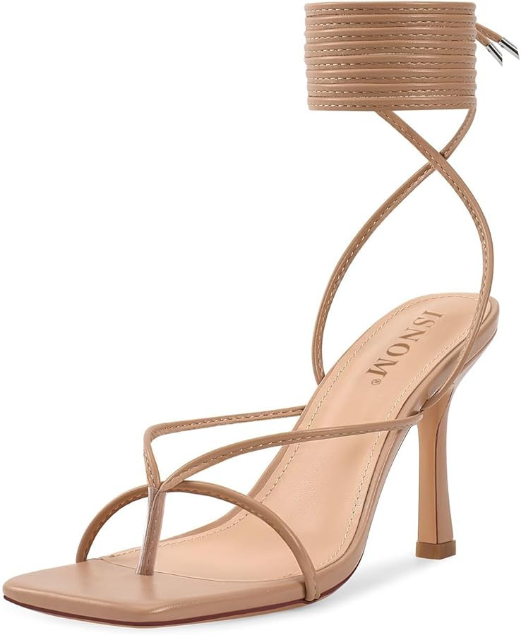 ISNOM Lace Up Heels Sandals for Women, Square Toe, Open Toe Thong, Stiletto Heels Design | Amazon (US)